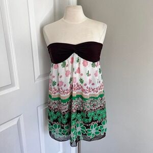 BROWN STRAPLESS BANDEAU FLORAL SHEER‎ FLOWY TOP